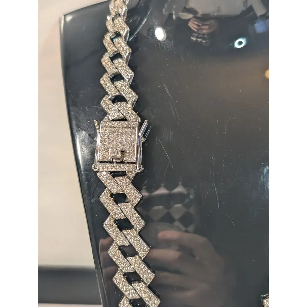 Iced Out Silver Cuban Link Chain Necklace & Bracelet Set Bling